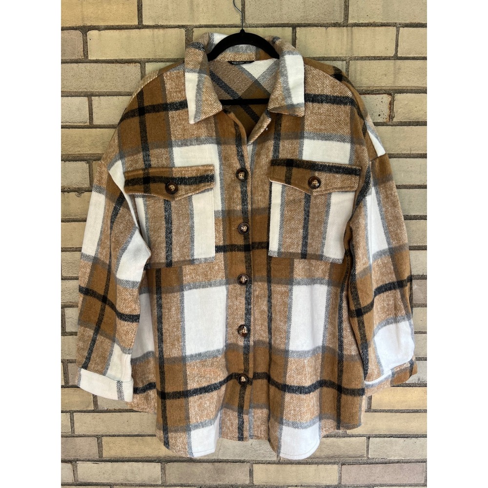 SHEIN Curve Plaid Shacket Brown White Black Checkered Button Down Jacket 2XL XXL